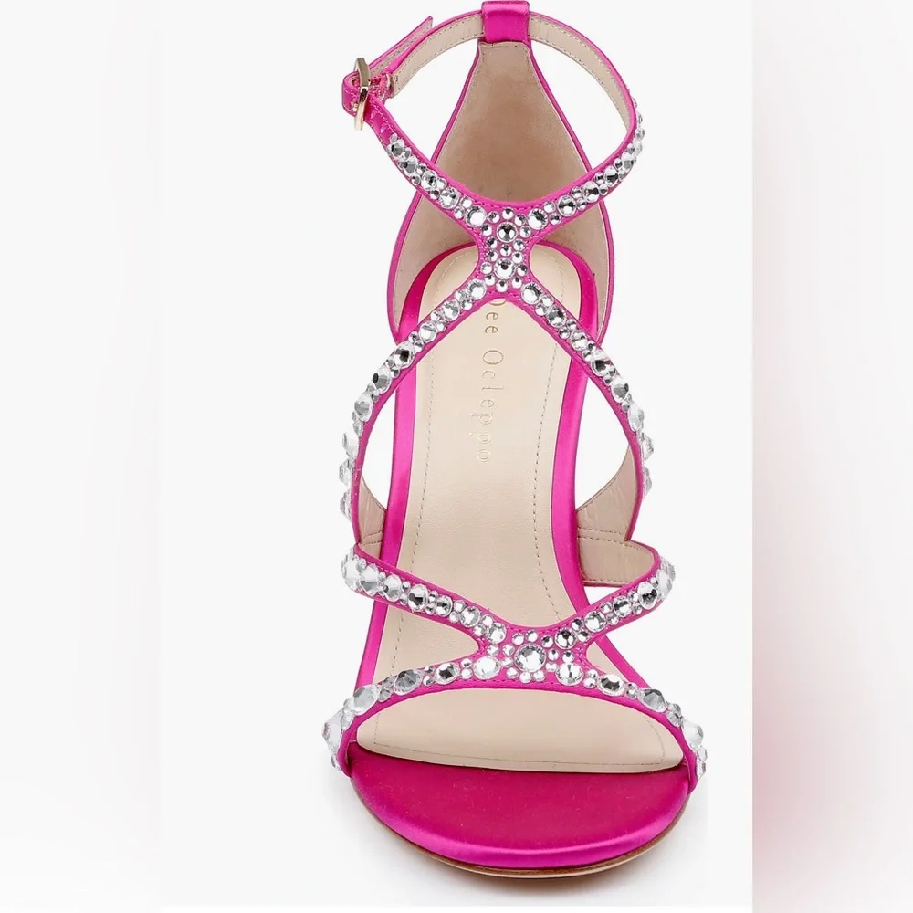 New! Dee Ocleppo designer Satin Magenta Pink Strappy Heels Rhinestones SZ 8 - Picture 3 of 16